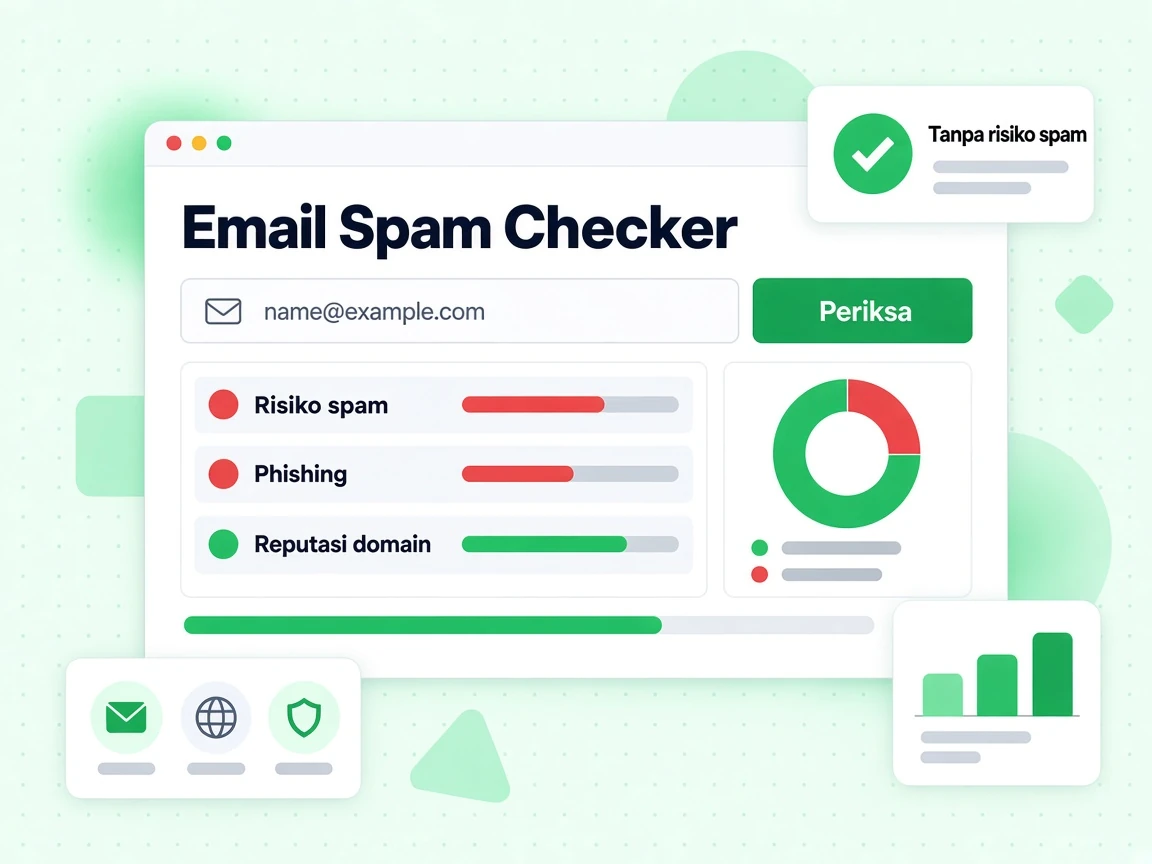 Email Spam Checker dengan input email, tombol Check, dan baris merah risiko spam di samping baris hijau reputasi domain
