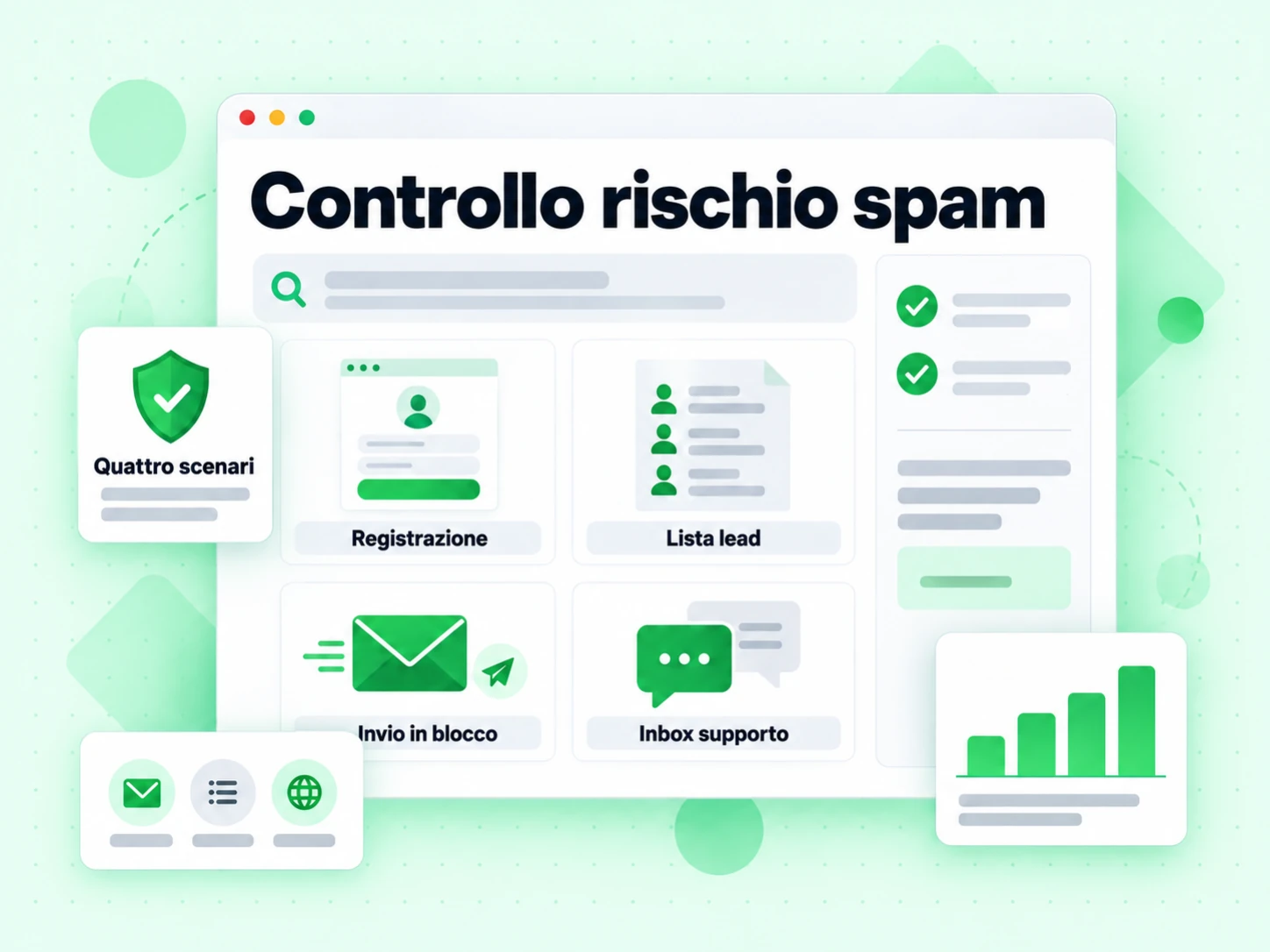 Controllo rischio spam applicato a Registrazione, Lista lead, Invio in blocco e Inbox supporto.