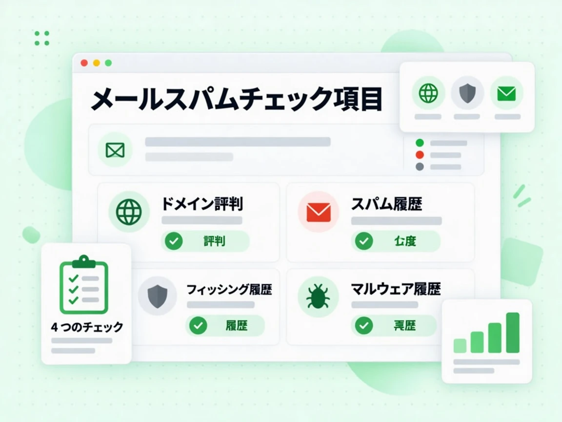 メールスパムチェック項目はドメイン評判、スパム履歴、フィッシング履歴、マルウェア履歴の 4 枚のカードで示す