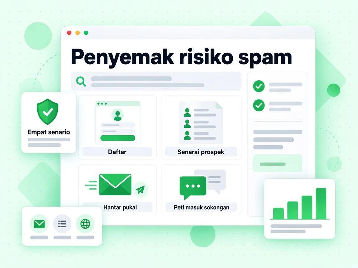 Penyemak risiko spam merentas Daftar, Senarai prospek, Hantar pukal, Peti masuk sokongan dan Empat senario.