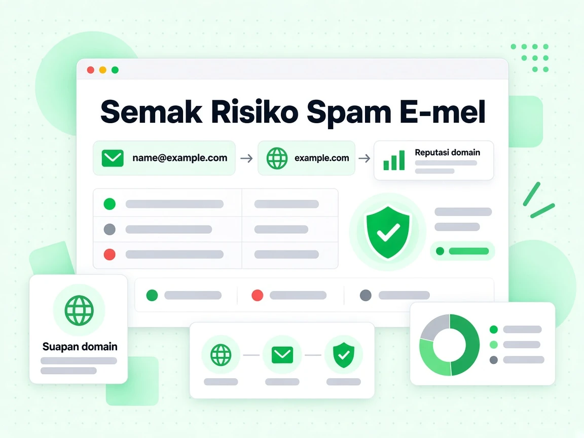 Semak Risiko Spam E-mel menghubungkan name@example.com dan example.com ke Reputasi domain serta Suapan domain.