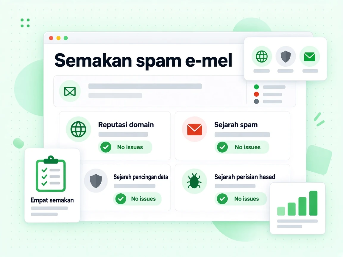 Semakan spam e-mel meliputi Reputasi domain, Sejarah spam, Sejarah pancingan data dan Sejarah perisian hasad.