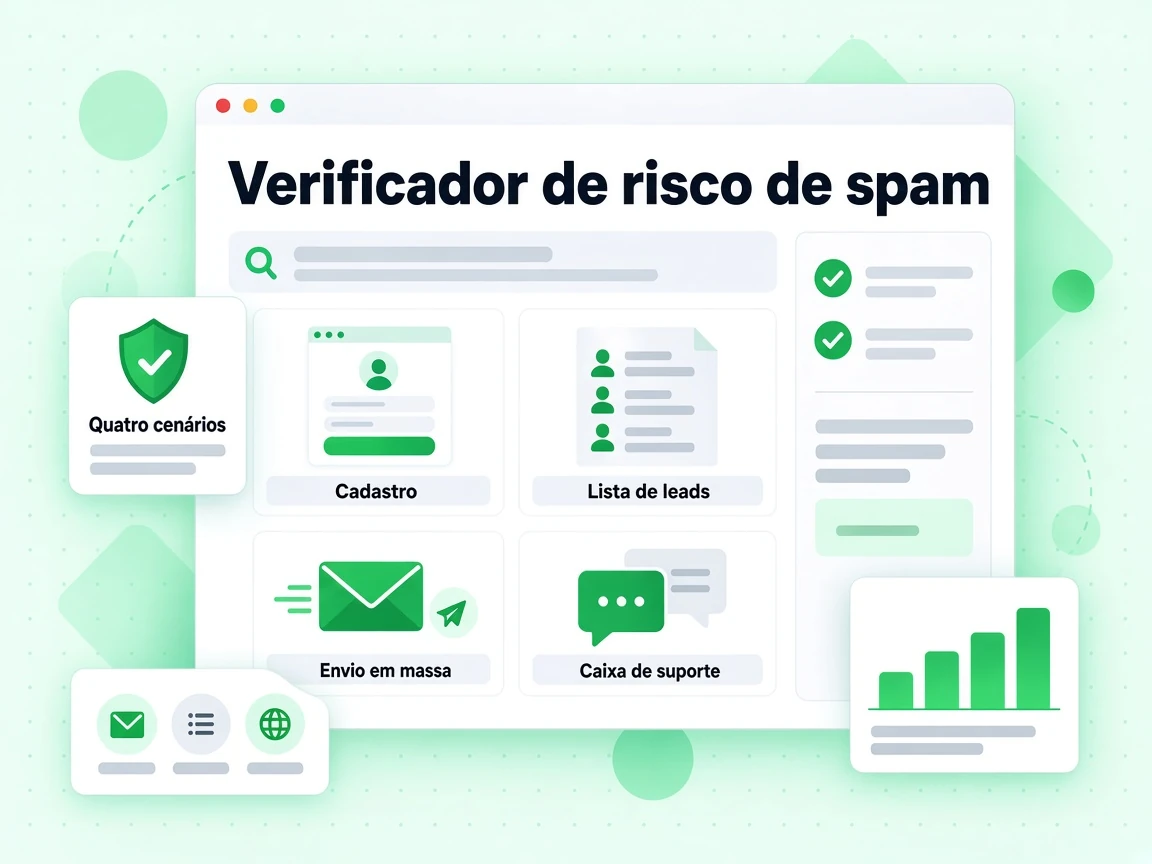 Verificador de risco de spam em cartões Cadastro, Lista de leads, Envio em massa e Caixa de suporte