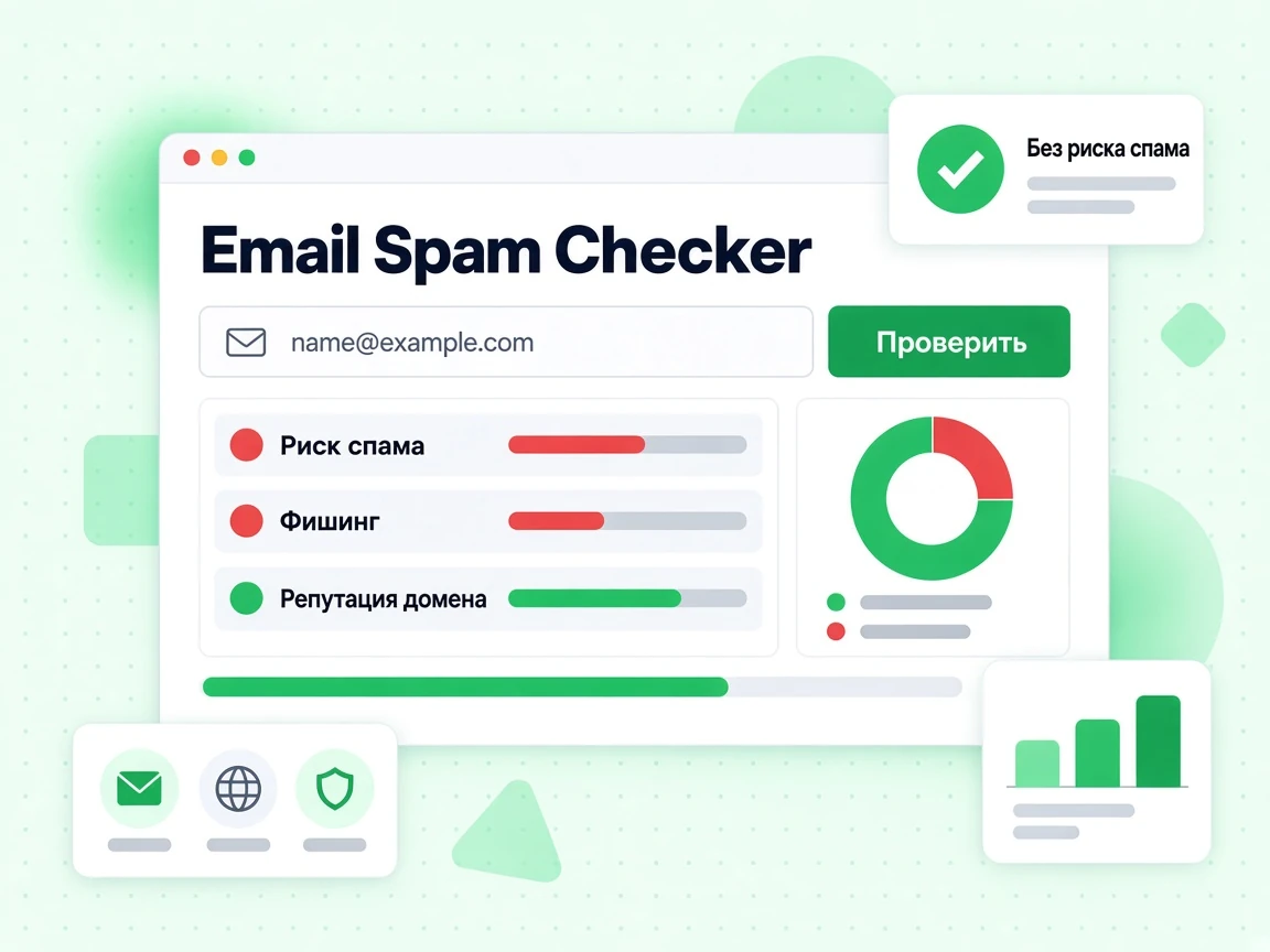 Email Spam Checker с введённым адресом, красными строками Риск спама и Фишинг и зелёной Репутация домена.