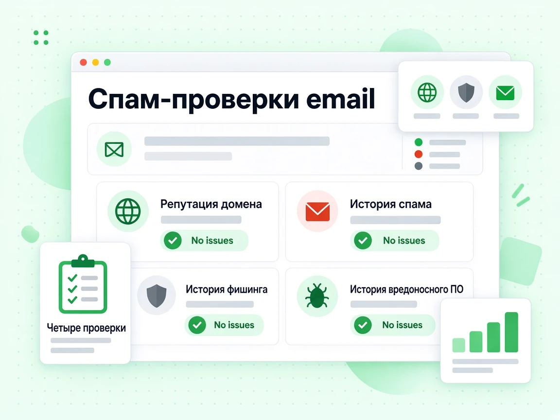 Спам-проверки email: карточки Репутация домена, История спама, История фишинга и История вредоносного ПО.