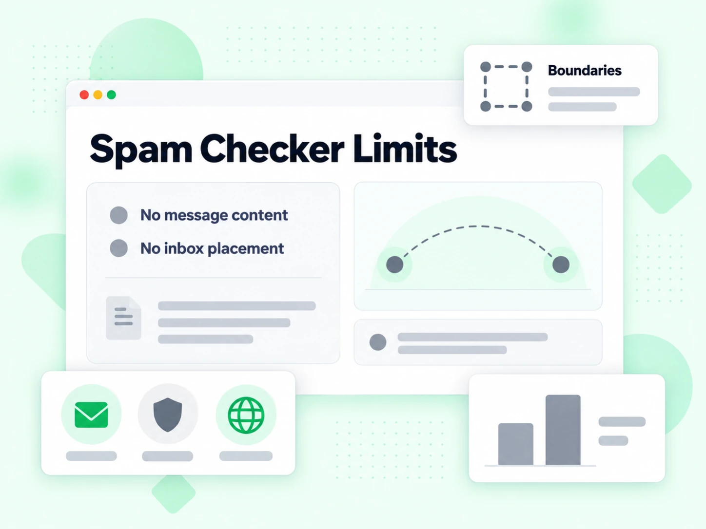 Spam Checker Limits panel stating no message content and no inbox placement
