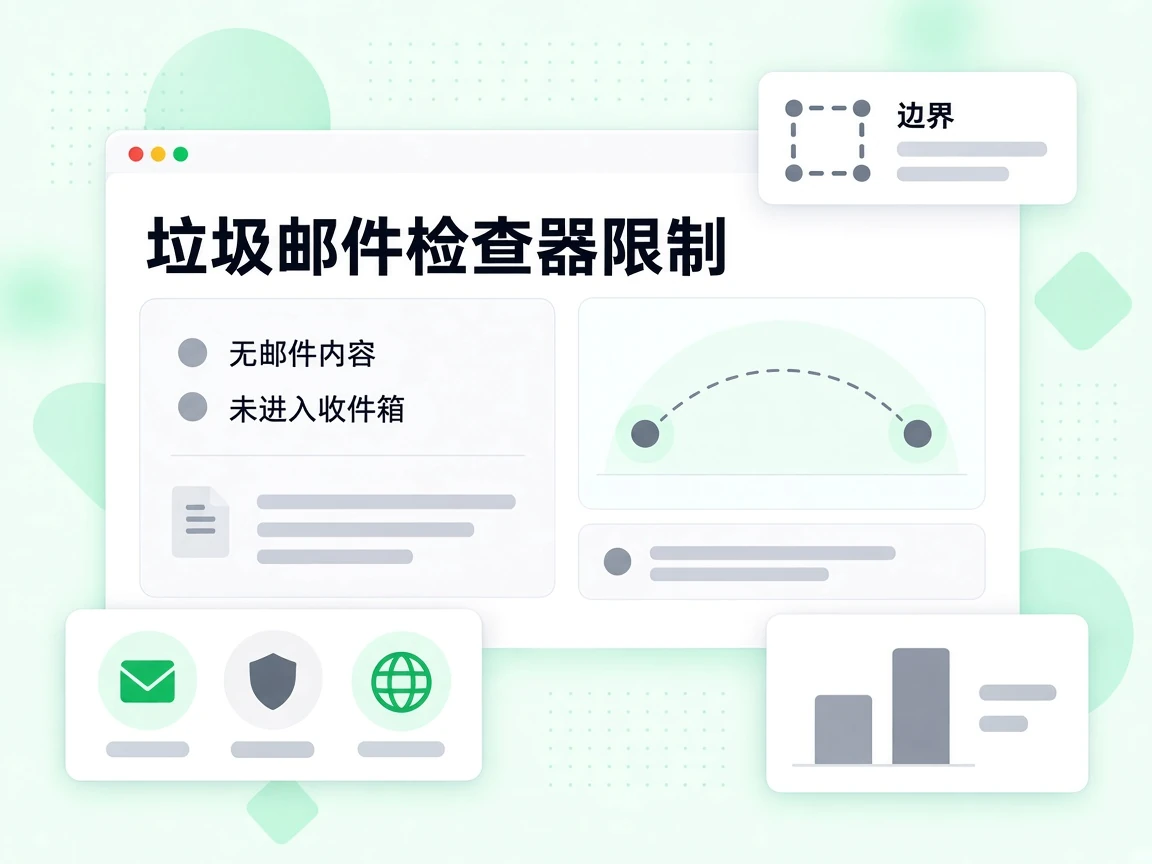 垃圾邮件检查器限制面板写明无邮件内容与未进入收件箱，并标出边界。