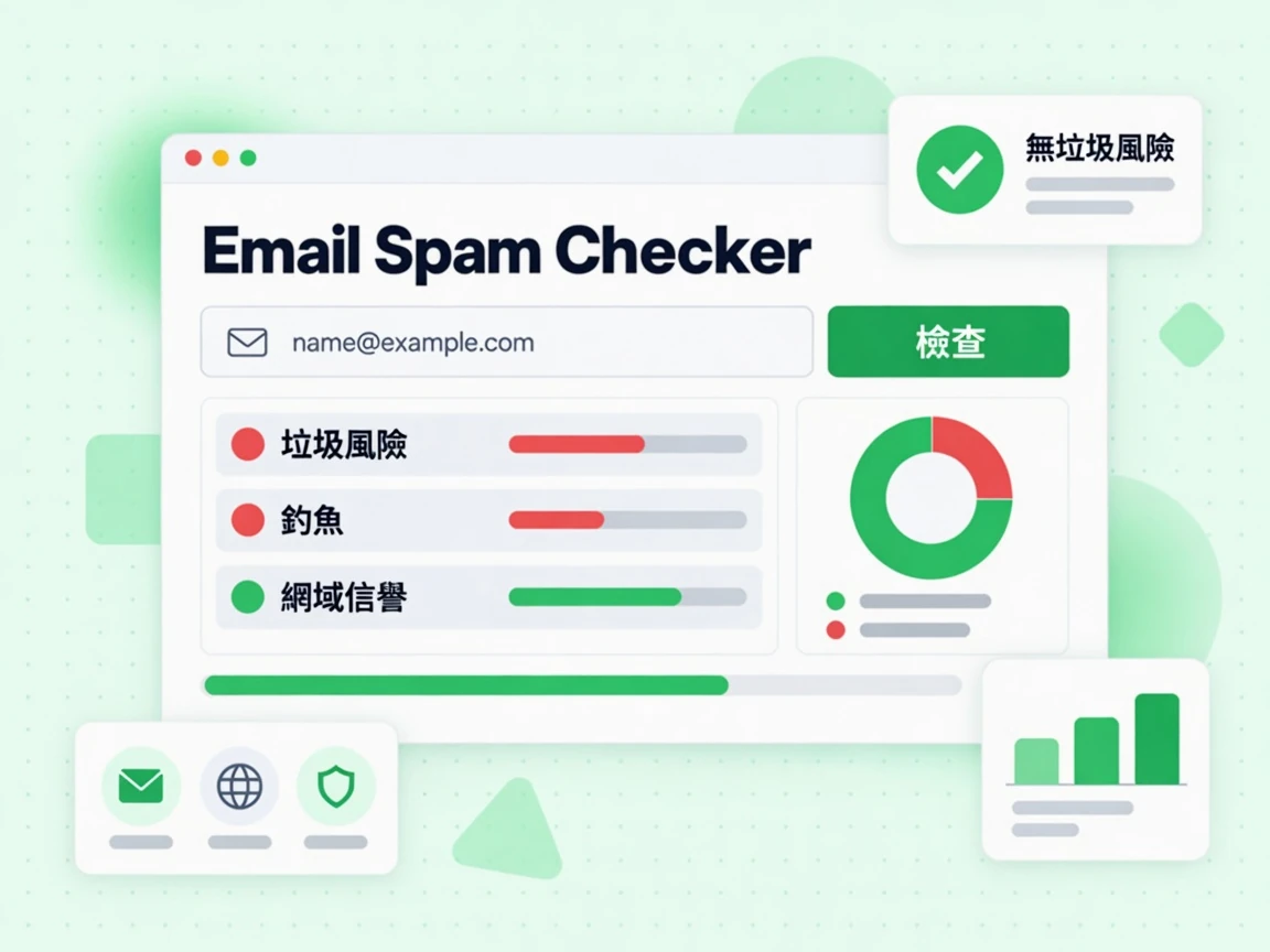 Email Spam Checker 輸入郵箱並點擊檢查後，顯示紅色垃圾風險、釣魚與綠色網域信譽結果