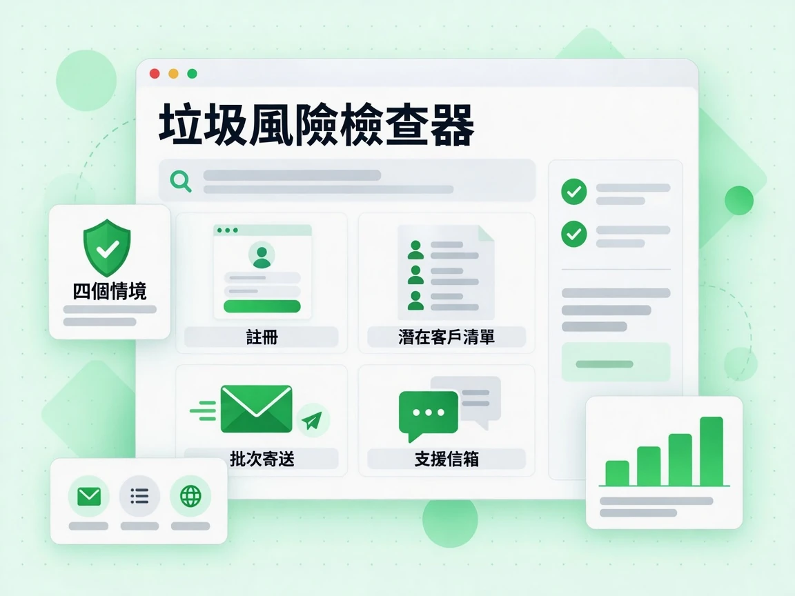 垃圾風險檢查器情境卡片涵蓋註冊、潛在客戶清單、批次寄送與支援信箱四種場景