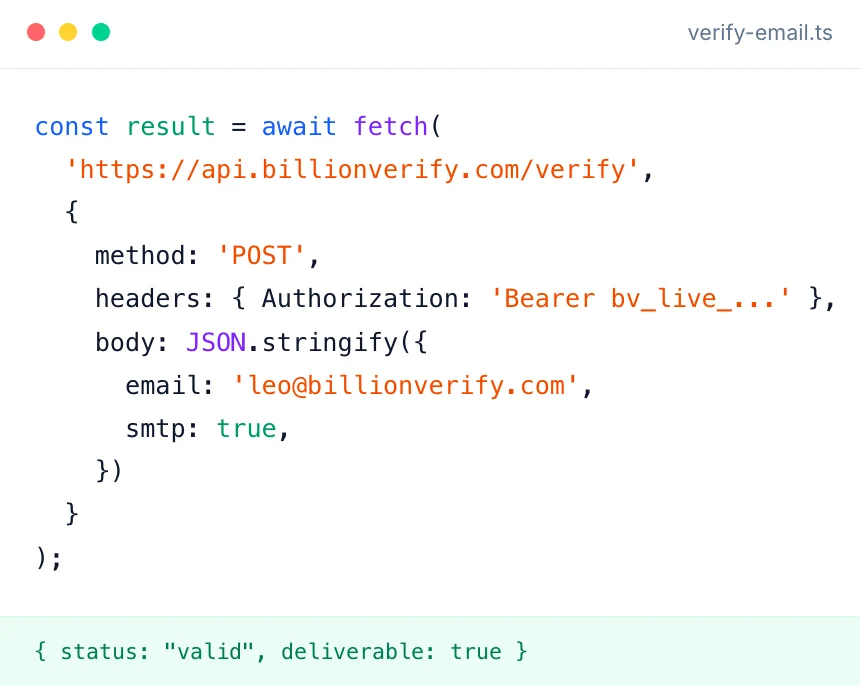 BillionVerify email validation API endpoint and response example