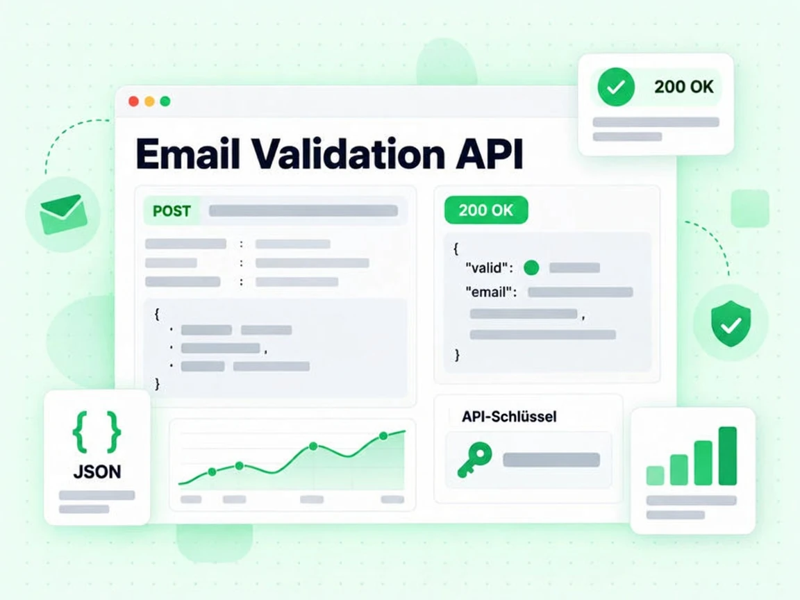 Konsole der E-Mail-Validierungs-API mit POST-Request, API-Schlüssel-Karte, 200 OK-Pille und JSON-Antwort