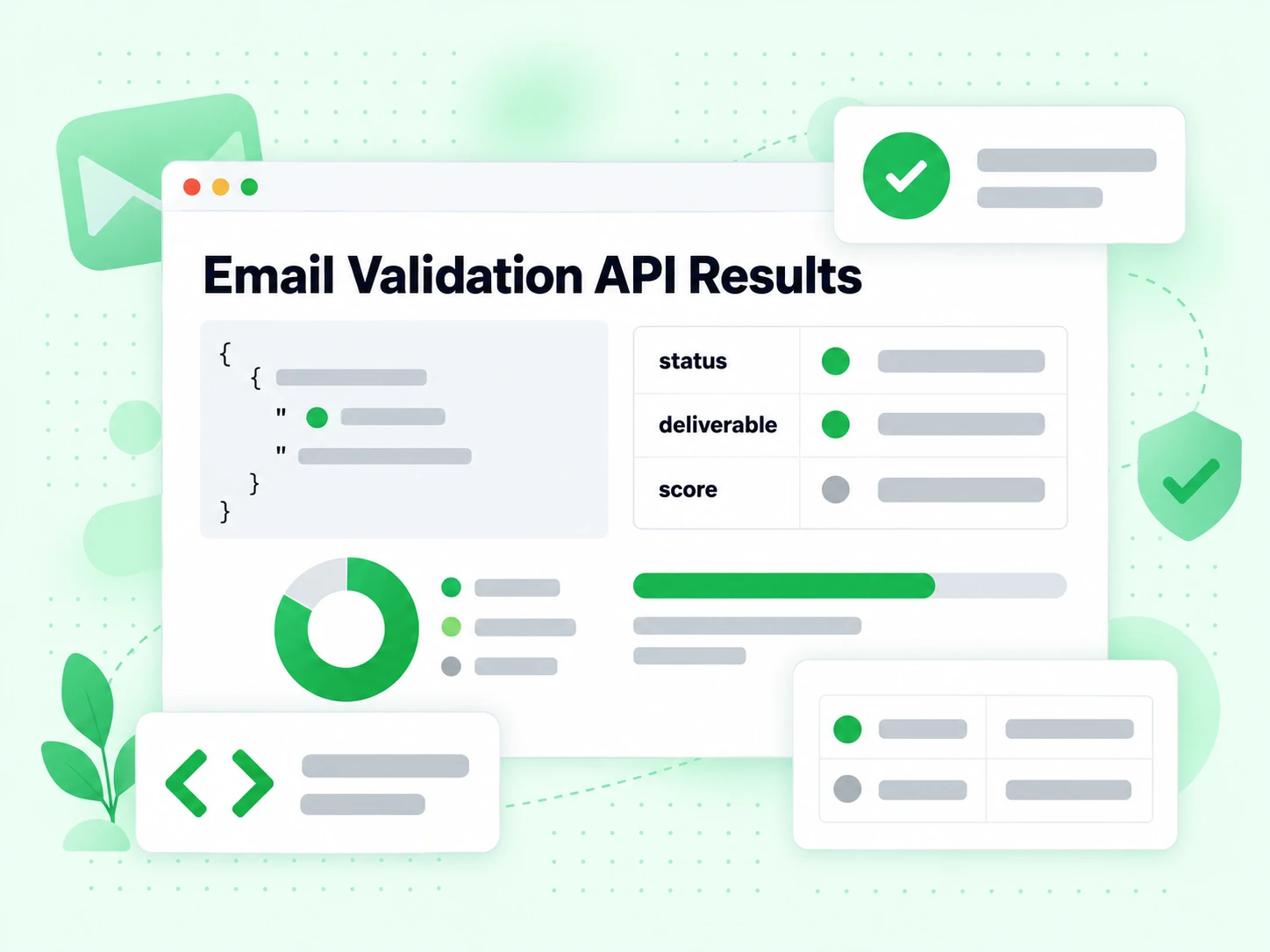 Email Validation API Results showing status, deliverable and score fields in a JSON response