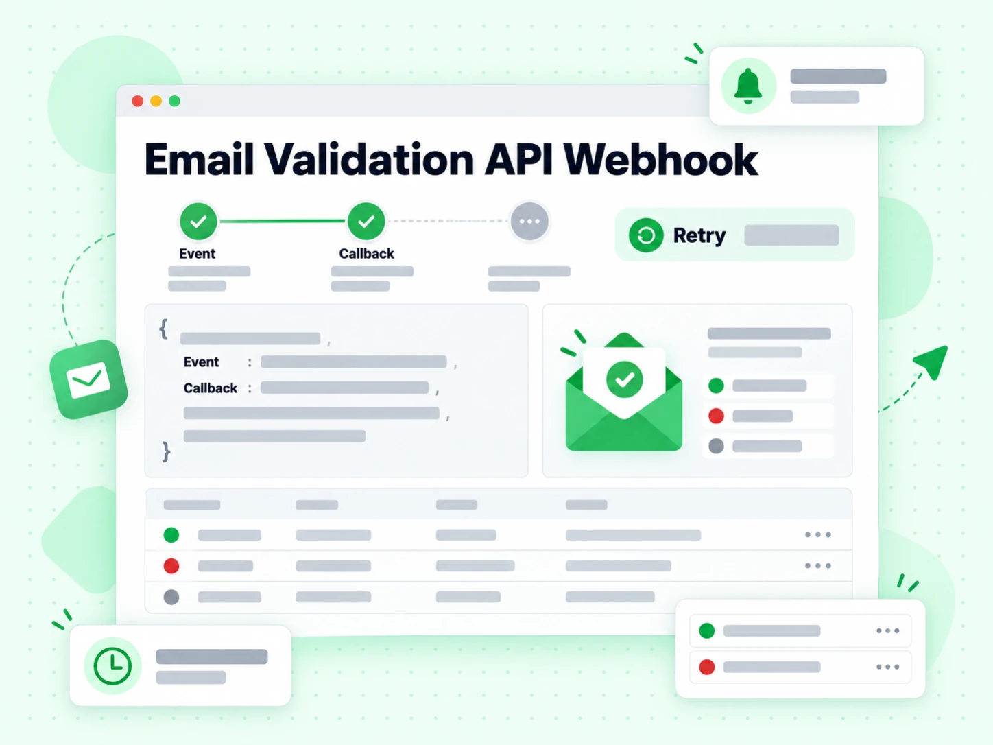 Email Validation API Webhook delivering a callback event with a retry badge