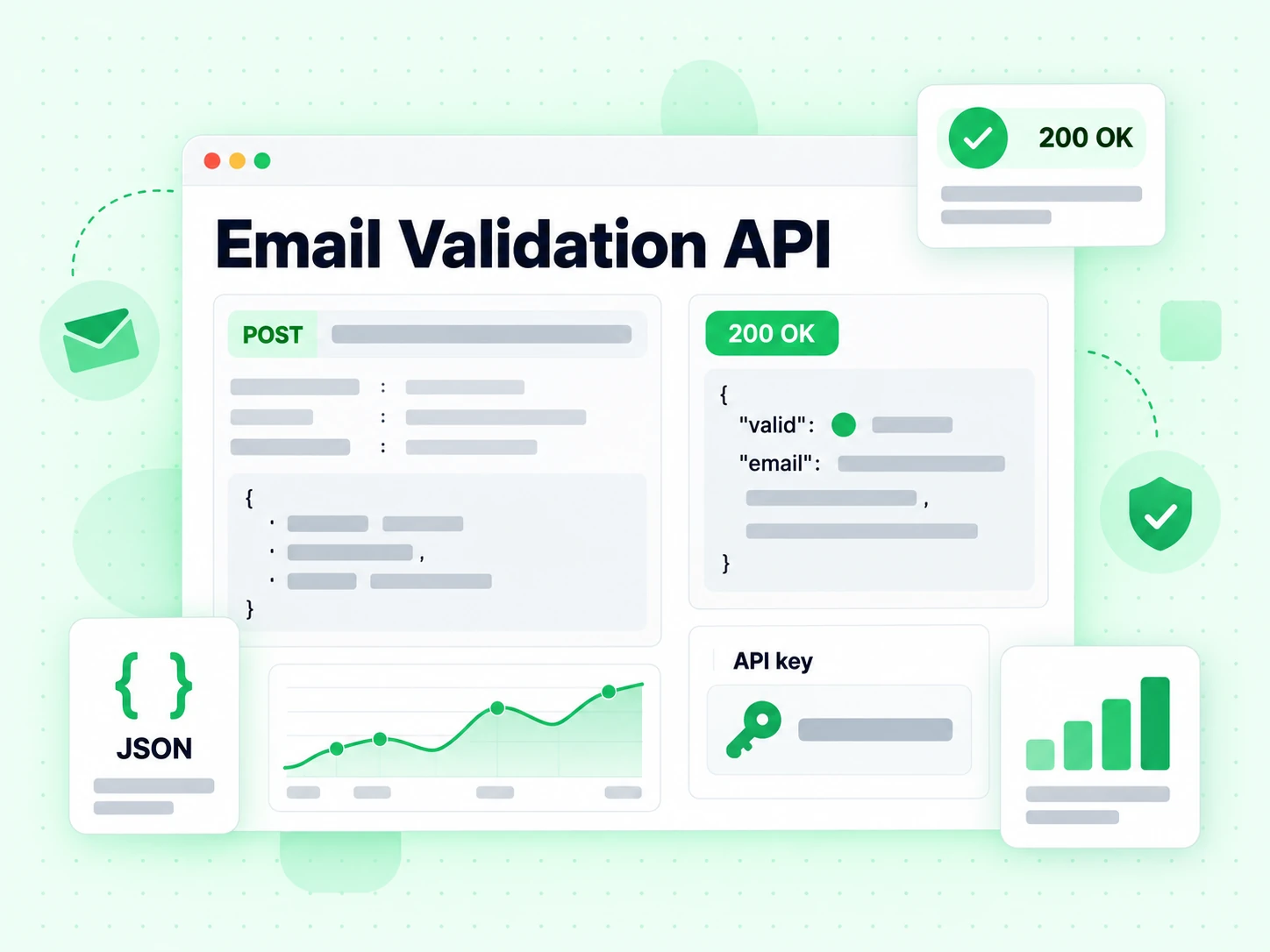 Email Validation API console with a POST request, an API key card, a 200 OK pill and a JSON response