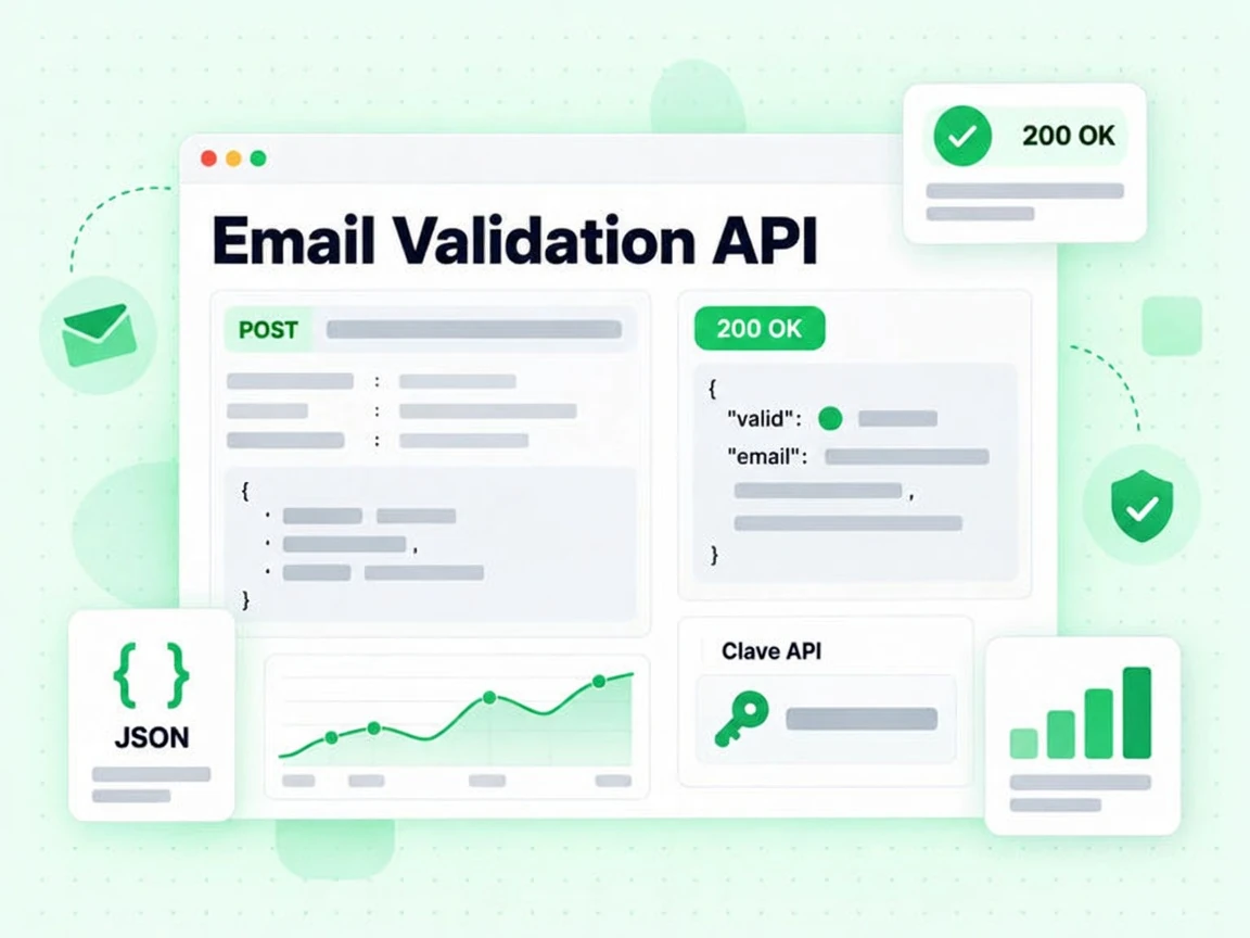 Consola de la API de validación de email con solicitud POST, tarjeta Clave API e insignia 200 OK
