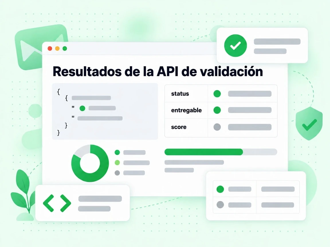 Resultados de la API de validación muestran los campos status, entregable y score en una respuesta JSON