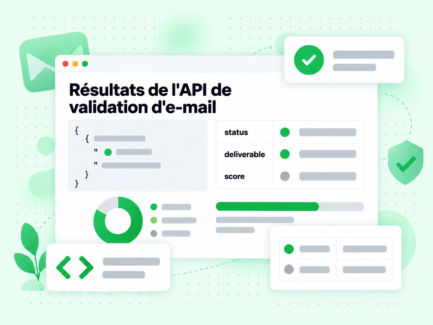Résultats de l'API de validation d'e-mail : interface avec status, deliverable, score, ~9mB~0p҄oʒ^GOaȏt