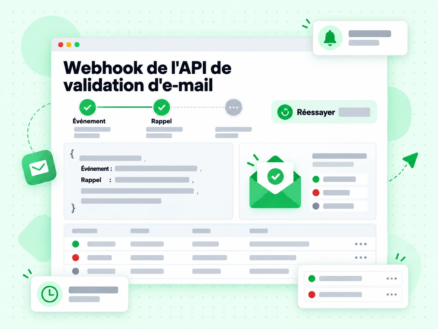 Webhook de l'API de validation d'e-mail : interface avec Événement, Rappel, Réessayer, BƩq[)q0}0UO{4O$R̓Κ', po