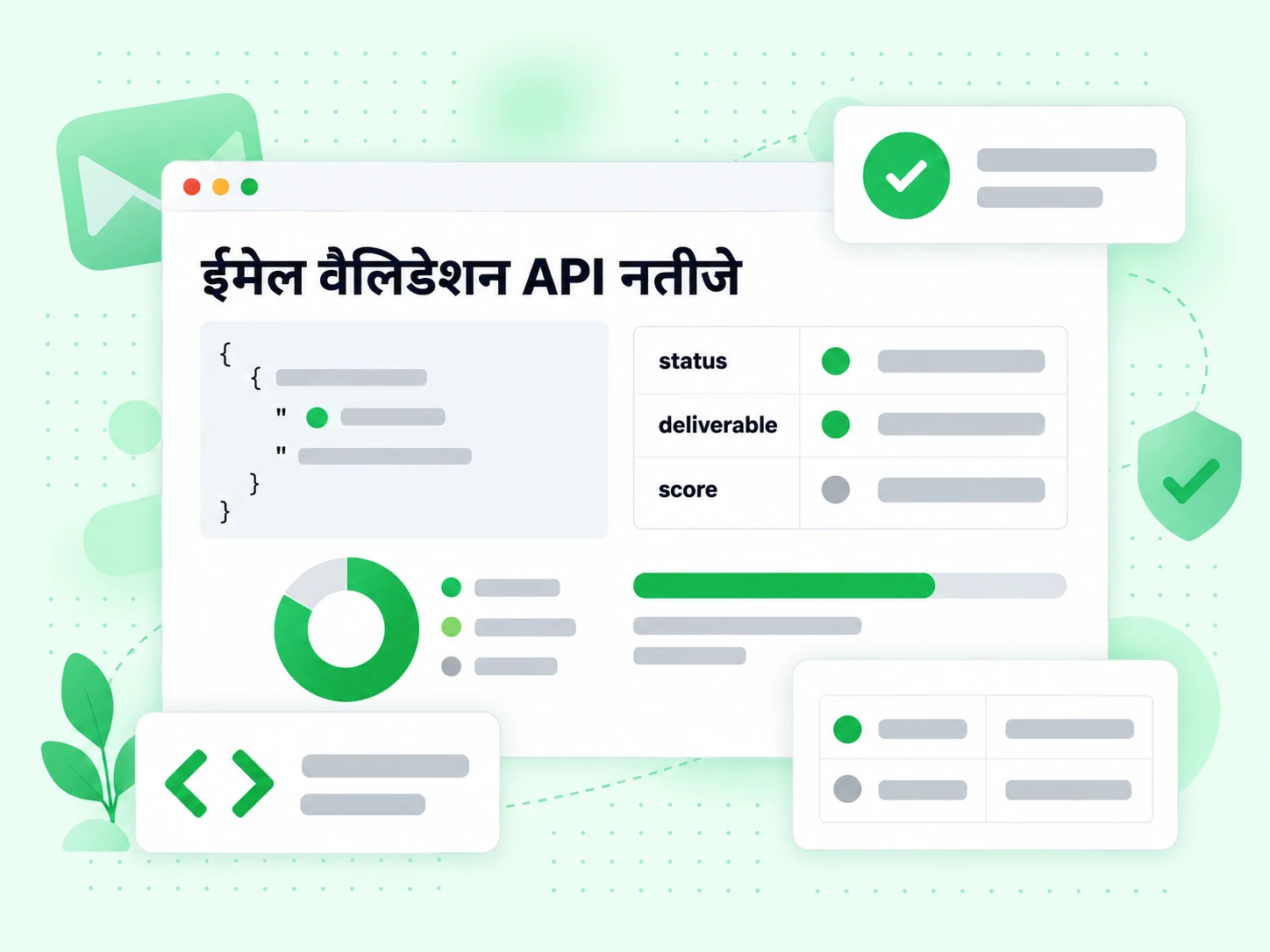 ईमेल वैलिडेशन API नतीजे JSON जवाब में स्थिति, डिलीवरेबल और स्कोर फ़ील्ड दिखाते हैं