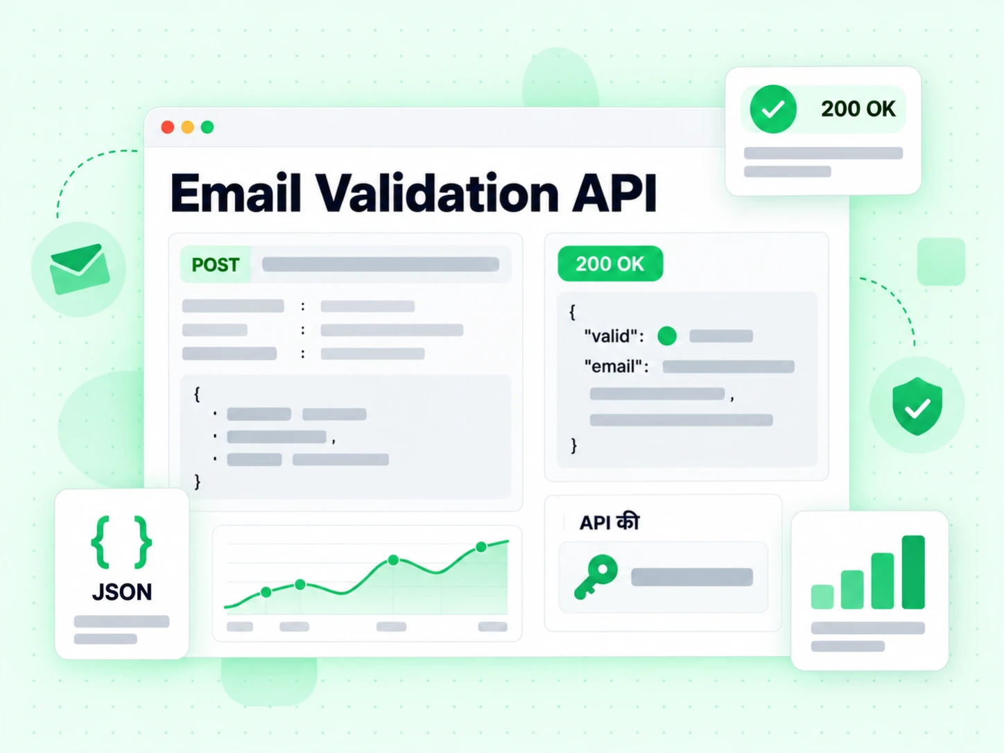 Email Validation API ईमेल वैलिडेशन API कंसोल में POST अनुरोध, API की कार्ड, 200 OK पिल और JSON जवाब