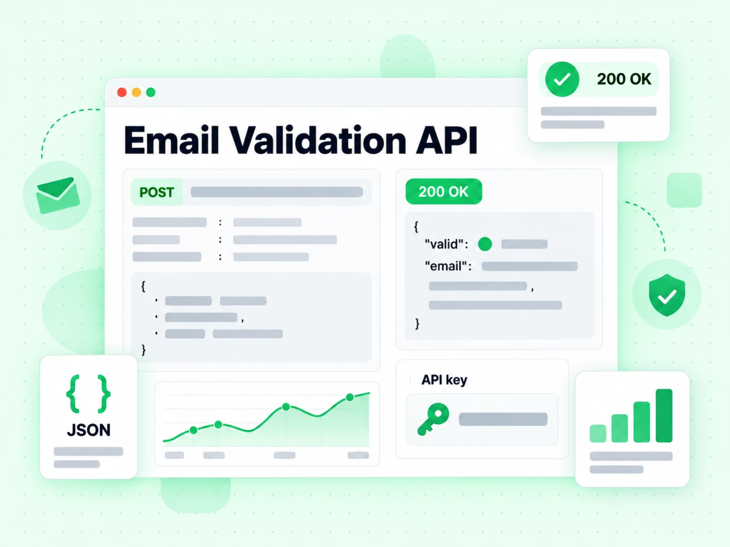 Email Validation API: konsol dengan permintaan POST, kartu API key, pil 200 OK, dan respons JSON