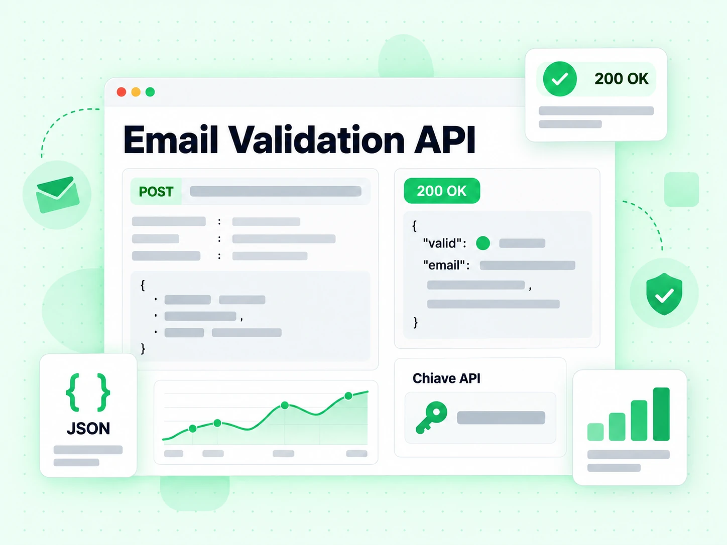 Console con richiesta POST, carta Chiave API, esito 200 OK e risposta JSON dell'API di validazione email.