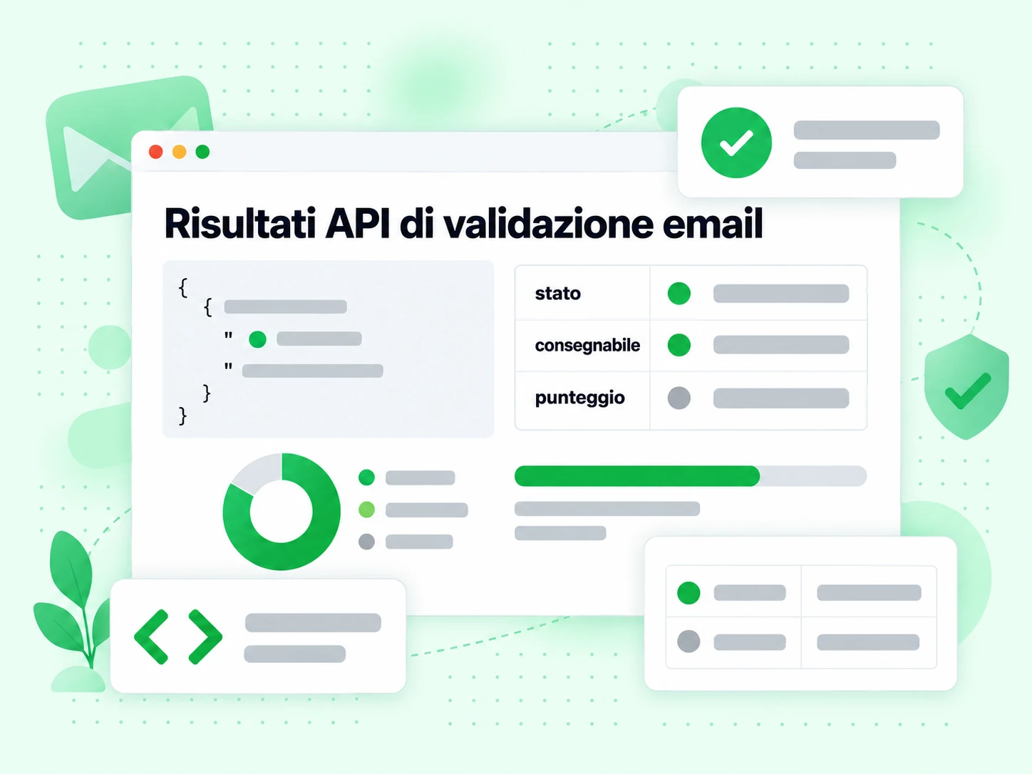 Risultati API di validazione email con campi stato, consegnabile e punteggio in una risposta JSON.