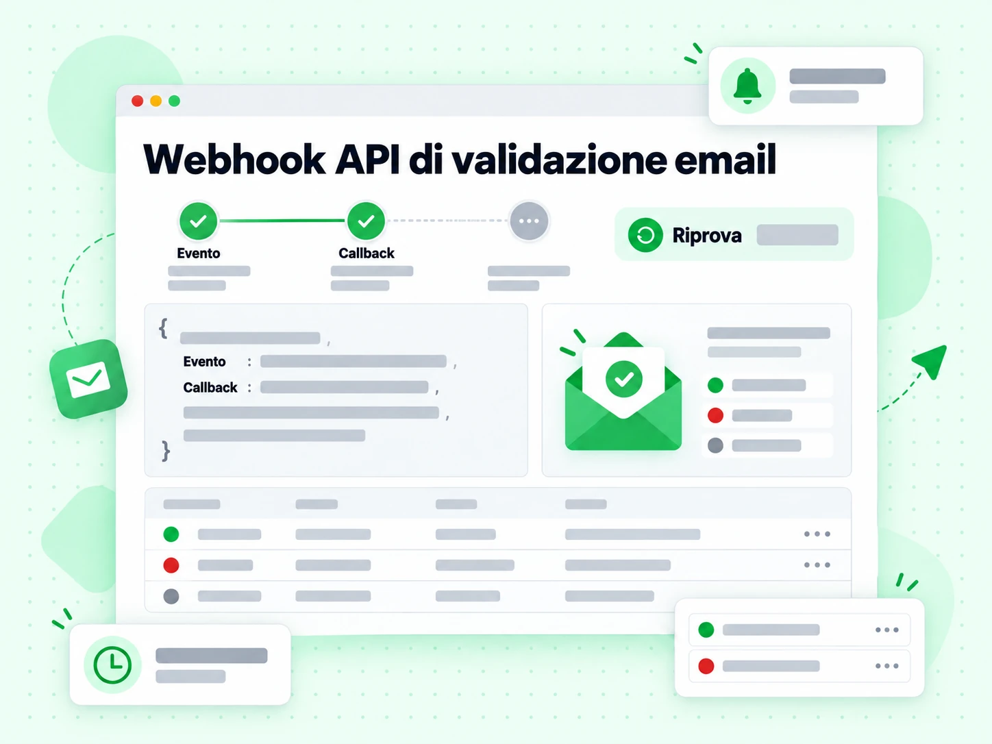 Webhook API di validazione email che consegna un evento callback con un badge Riprova.