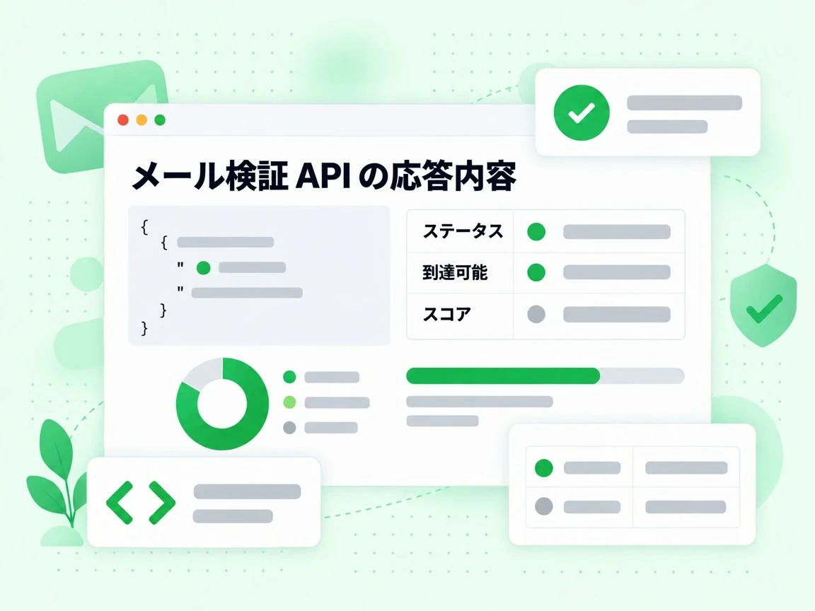 メール検証 API の応答内容は JSON でステータス、到達可能、スコアの 3 項目を示す