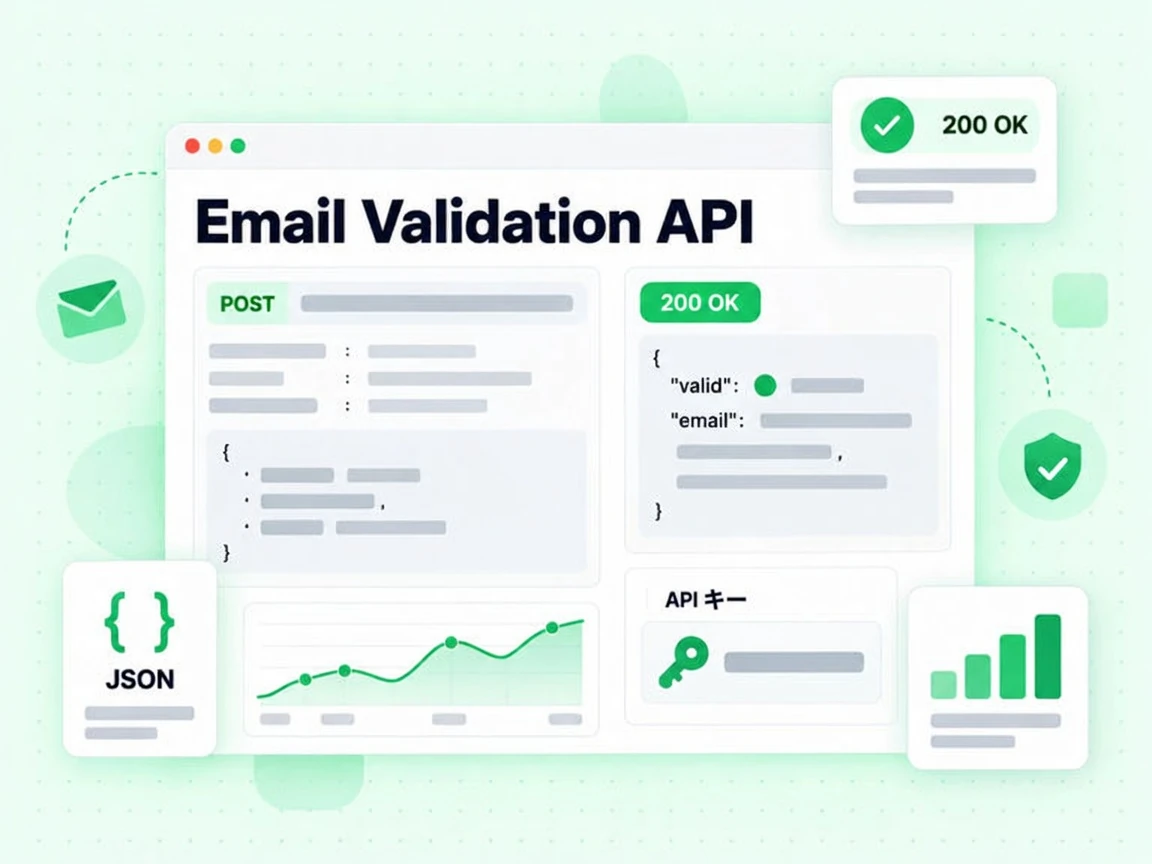 メール検証 API のコンソールは POST リクエスト、API キー、200 OK のステータス、JSON レスポンスを示す