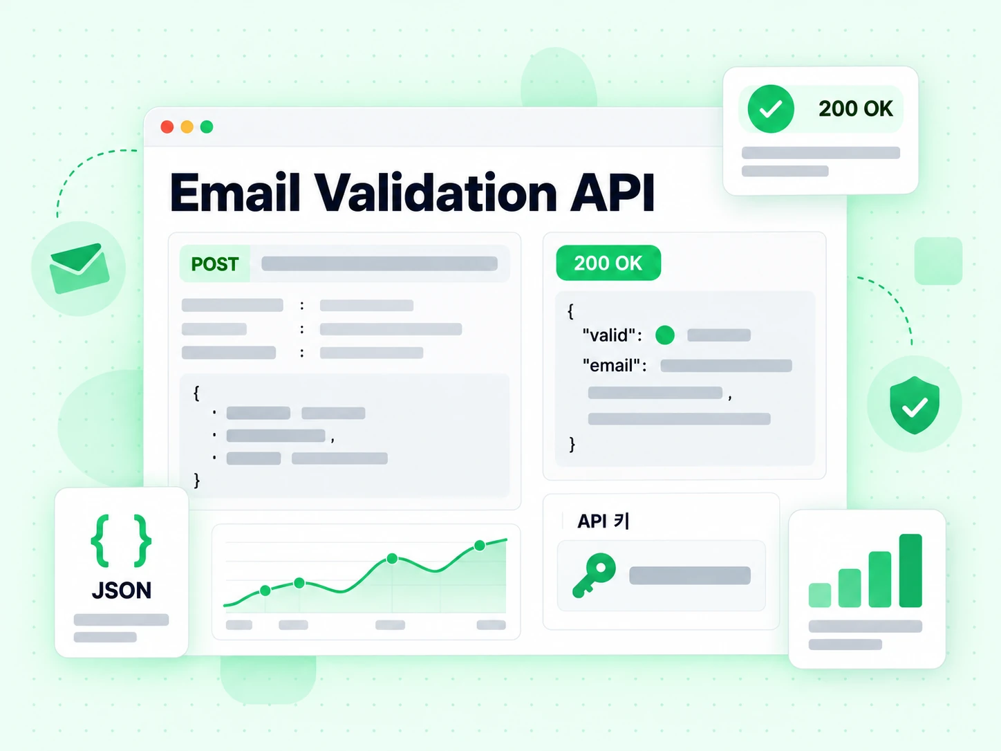 Email Validation API 콘솔에 POST 요청, API 키 카드, 200 OK JSON 응답이 있습니다