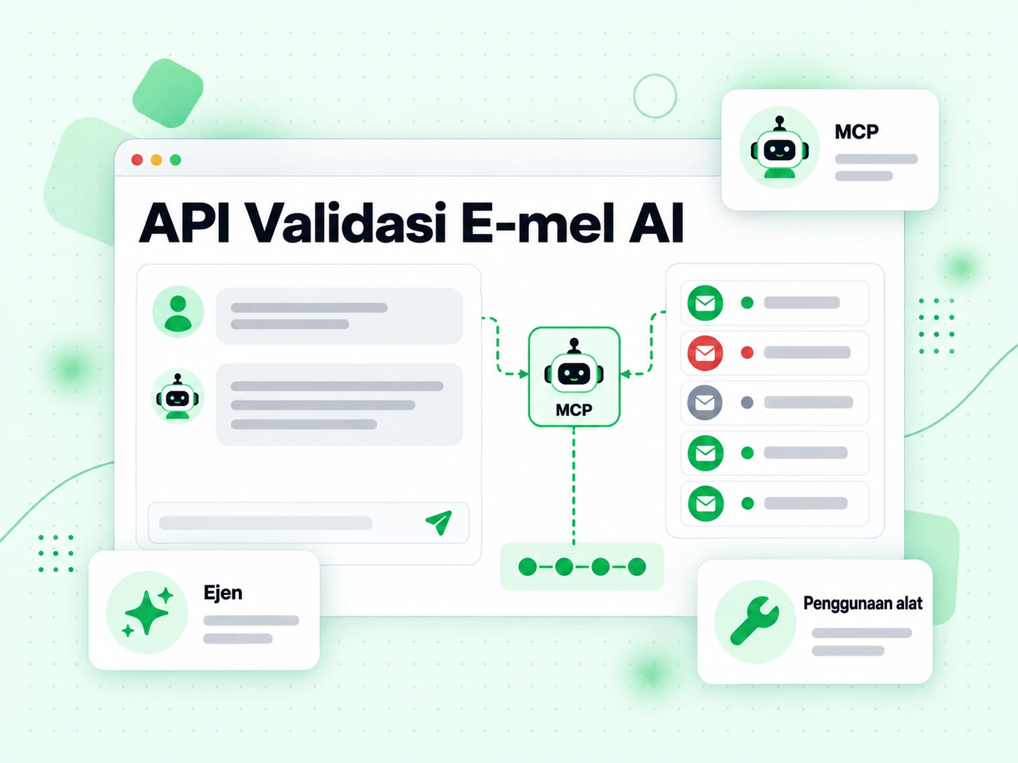 Panel Ejen API Validasi E-mel AI memanggil alat melalui nod MCP dan kad Penggunaan alat