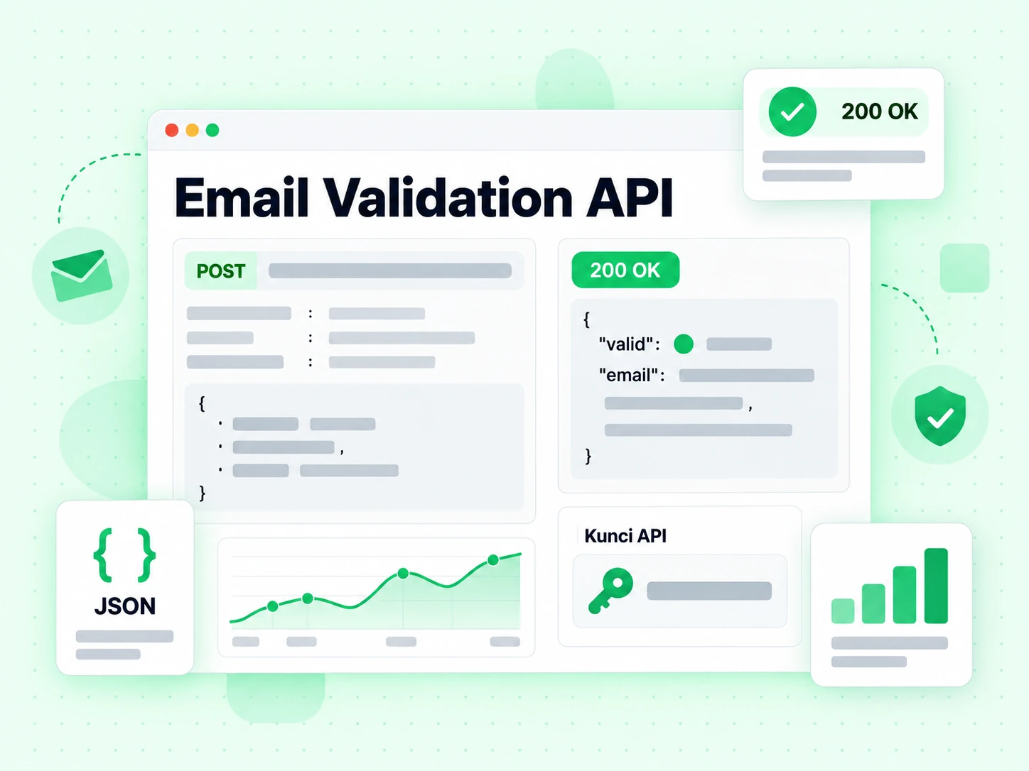 Konsol API validasi e-mel dengan permintaan POST, kad Kunci API, lencana 200 OK dan respons JSON