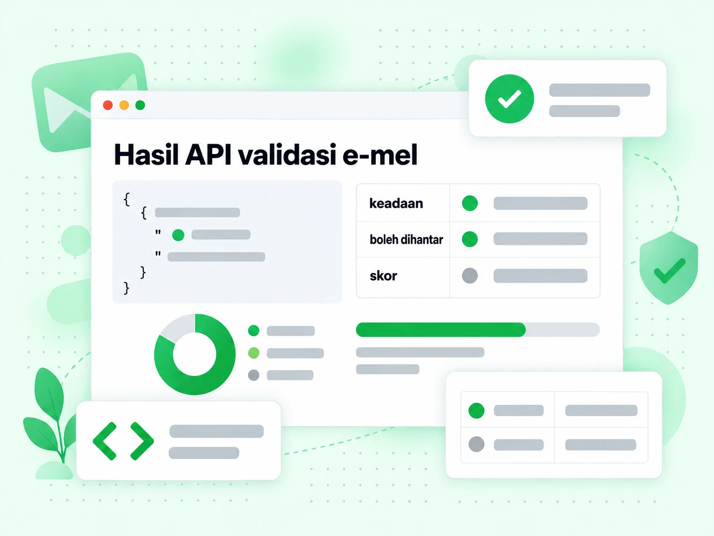 Hasil API validasi e-mel memaparkan medan keadaan, boleh dihantar dan skor dalam respons JSON
