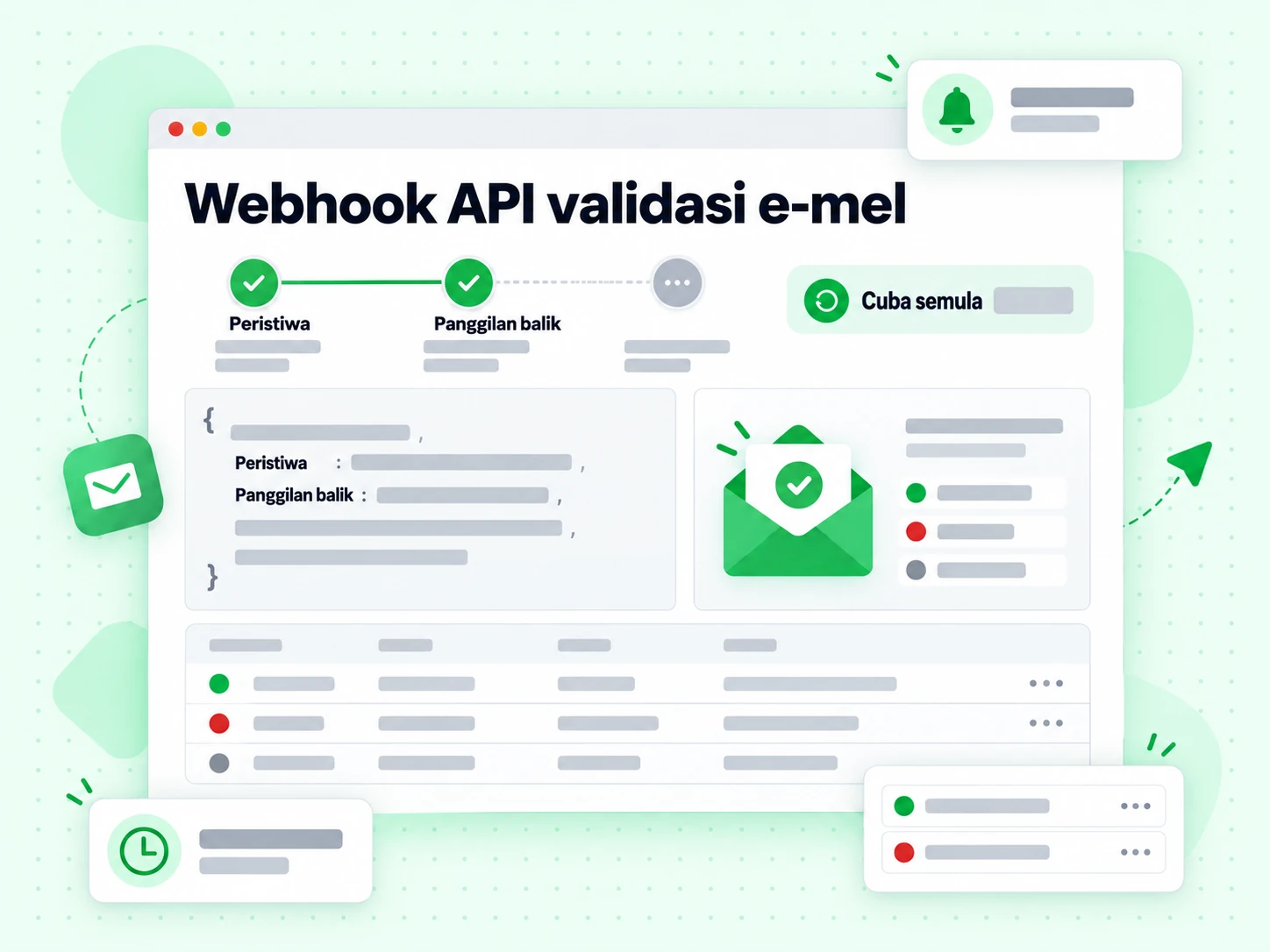 Webhook API validasi e-mel menghantar Peristiwa Panggilan balik dengan lencana Cuba semula