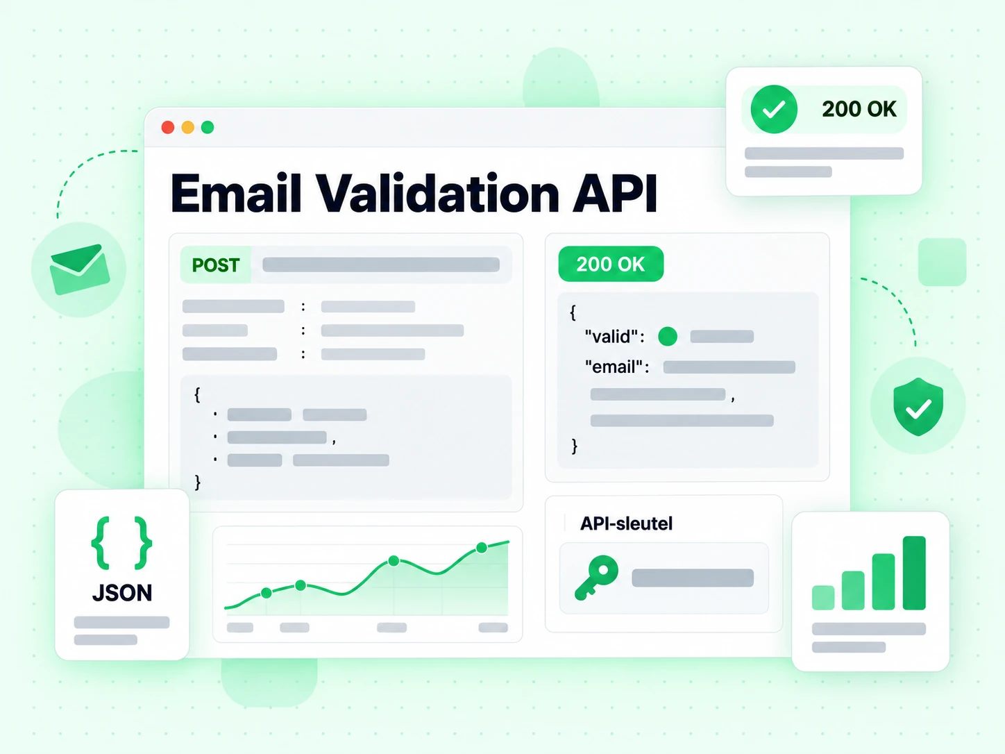 Email Validation API console met een POST-verzoek, een API-sleutelkaart en een 200 OK JSON-antwoord