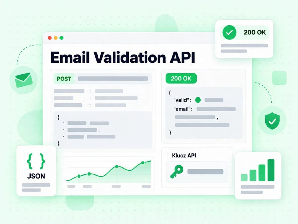 Konsola Email Validation API z żądaniem POST, kartą klucza API, plakietką 200 OK i odpowiedzią JSON