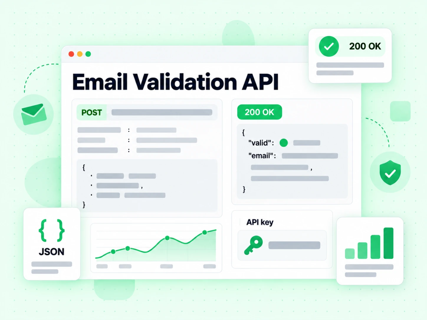 Console do Email Validation API com requisição POST, cartão de API key, selo 200 OK e resposta em JSON