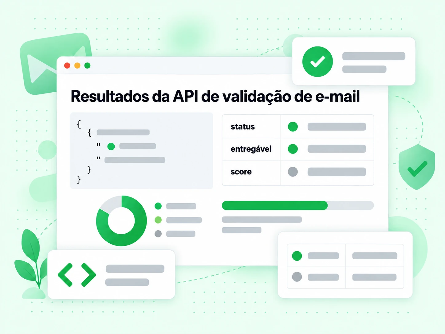 Resultados da API de validação de e-mail com campos status, entregável e score em uma resposta JSON