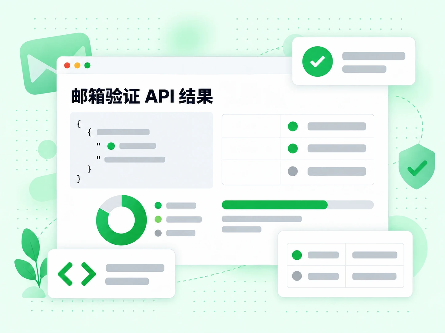 邮箱验证 API 结果在 JSON 响应里展示状态、可投递和评分字段。