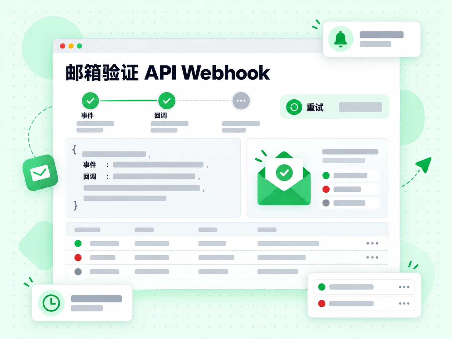 邮箱验证 API Webhook 投递回调事件，并带重试徽章。