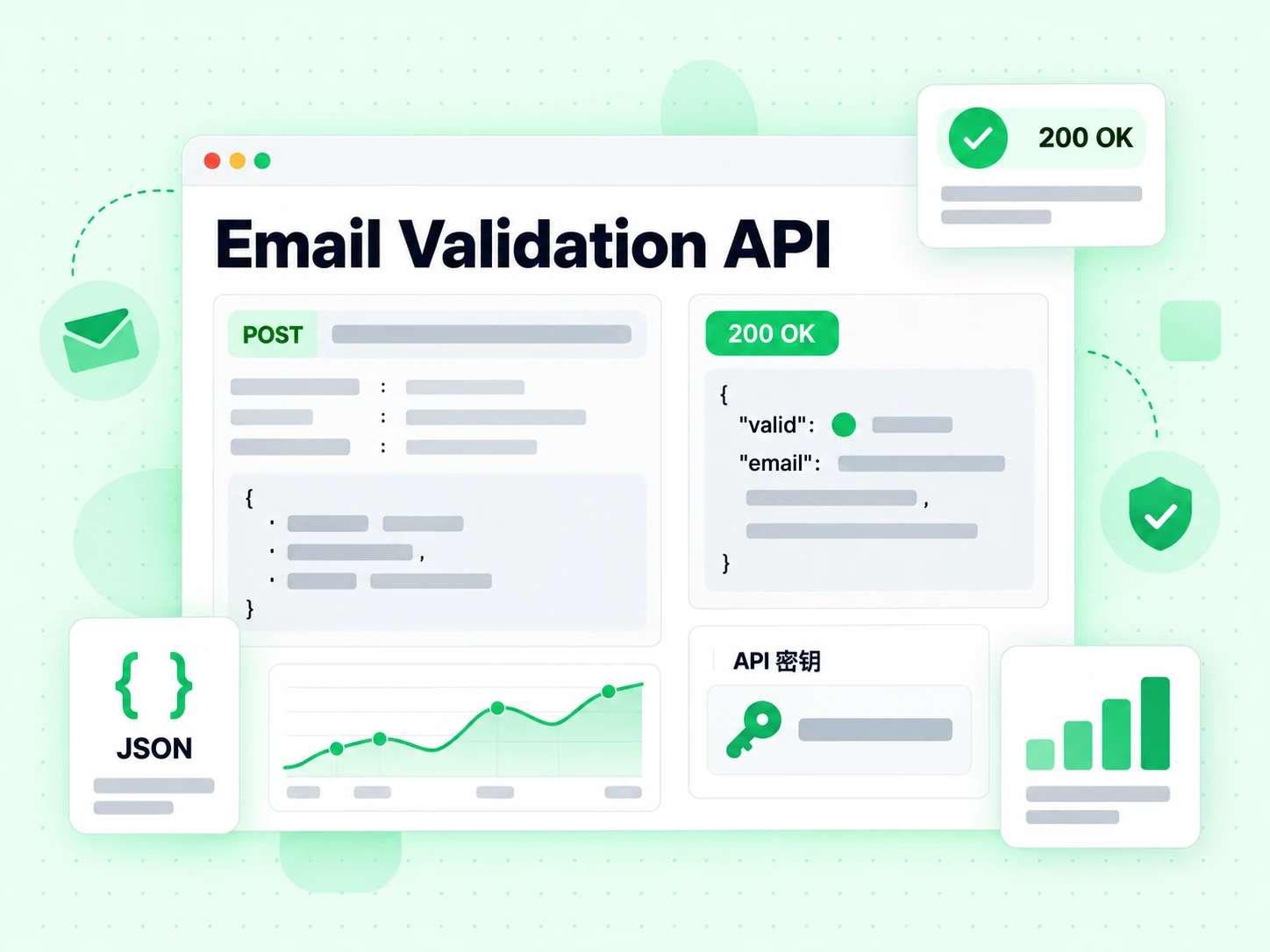 邮箱验证 API 控制台含 POST 请求、API 密钥卡片、200 OK 胶囊和 JSON 响应。