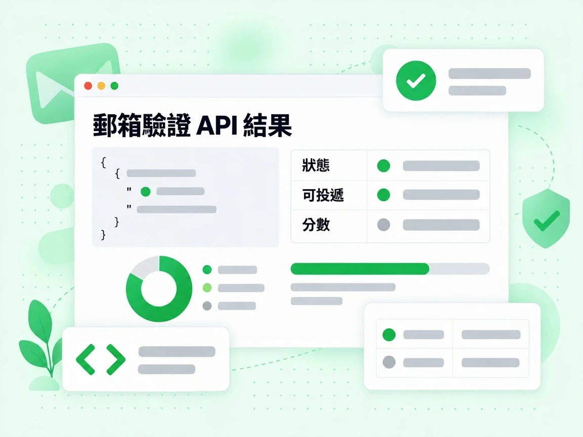 郵箱驗證 API 結果以 JSON 回應呈現狀態、可投遞與分數三個欄位
