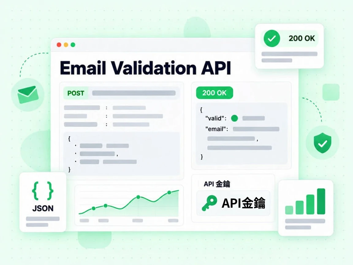 郵箱驗證 API 主控台展示 POST 請求、API 金鑰卡片、200 OK 狀態與 JSON 回應