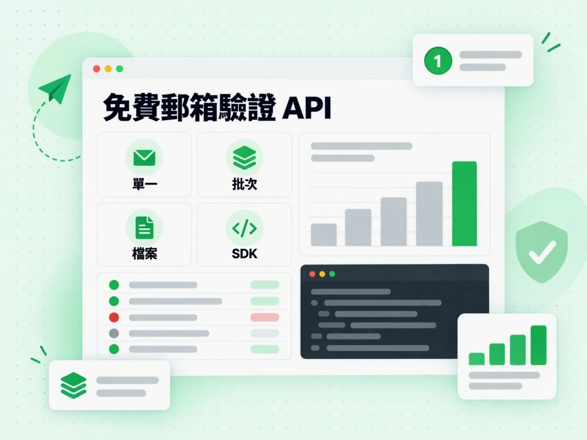 免費郵箱驗證 API 模式卡片涵蓋單一、批次、檔案與 SDK 四種整合方式