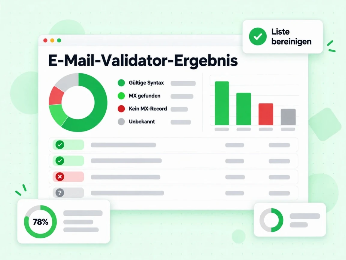 E-Mail-Validator-Ergebnis benennt die Zustände gültige Syntax, MX gefunden, kein MX-Record und unbekannt