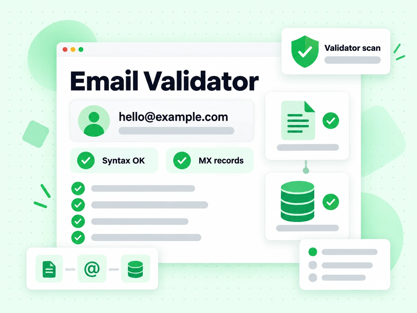 Email Validator showing one email address beside Syntax OK and MX records checks