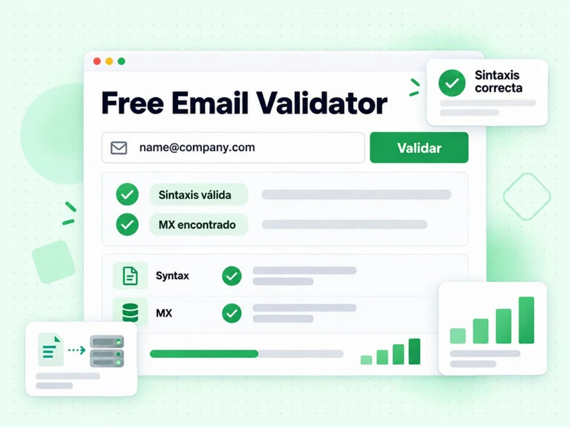 Free Email Validator con campo de correo, botón Validar y el resultado Sintaxis válida