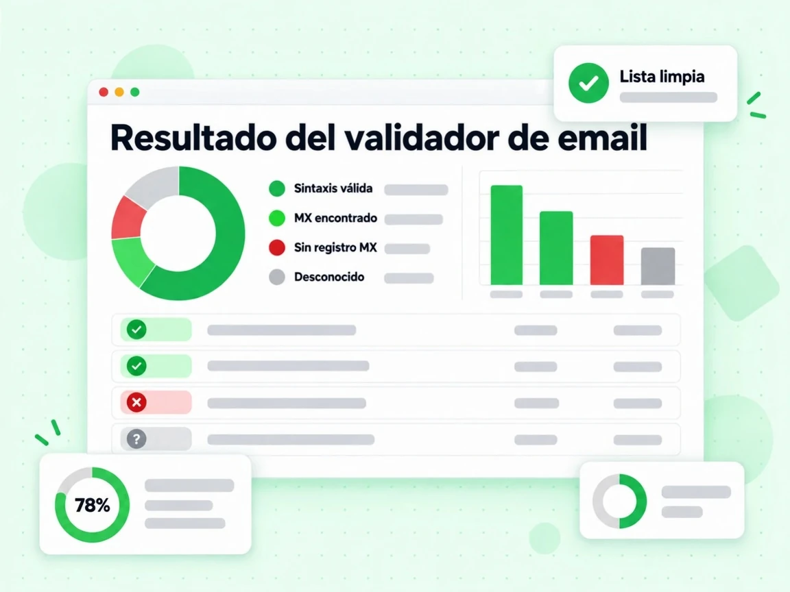 Resultado del validador de email: Sintaxis válida, MX encontrado, Sin registro MX y Desconocido