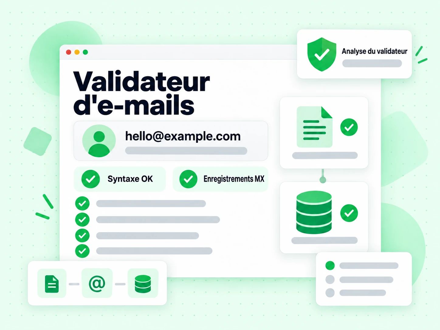Validateur d'e-mails : interface avec Syntaxe OK, Enregistrements MX, Analyse du validateur, .qU, wr:%K\sŎ8MoŤvj8